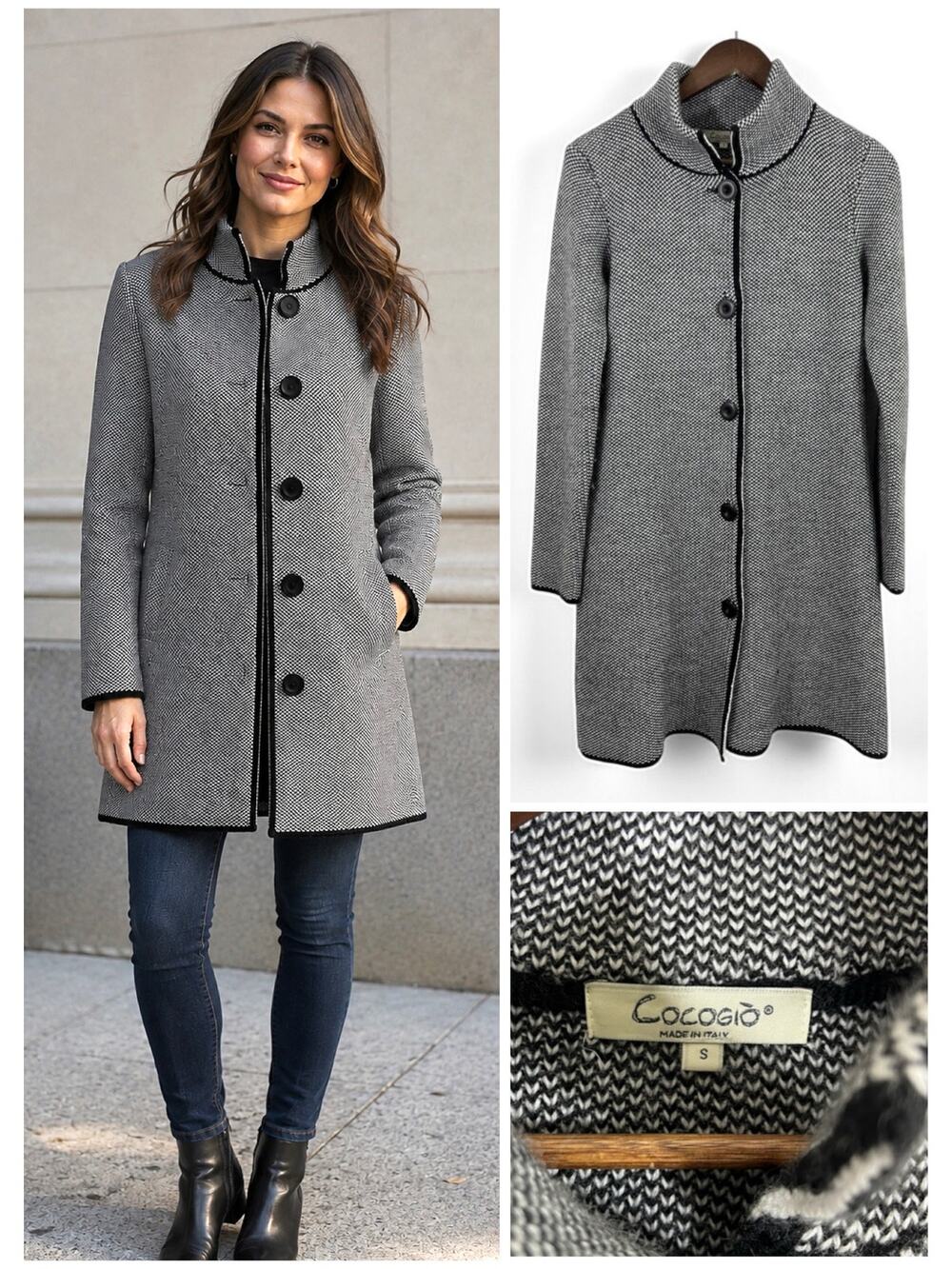 Cocogiò Italian Wool-Blend size Small Black and White Coat